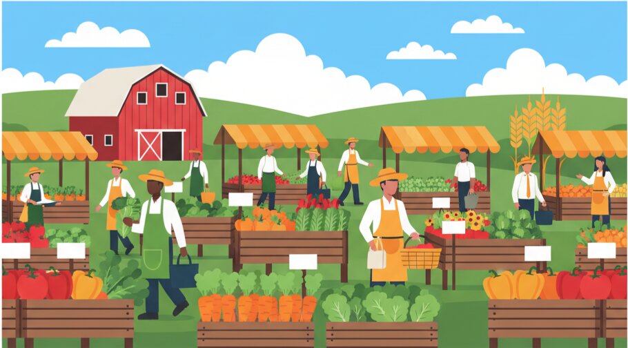 Fresh organic produce from local farmers - vibrant farmers market scene with vegetables and barn